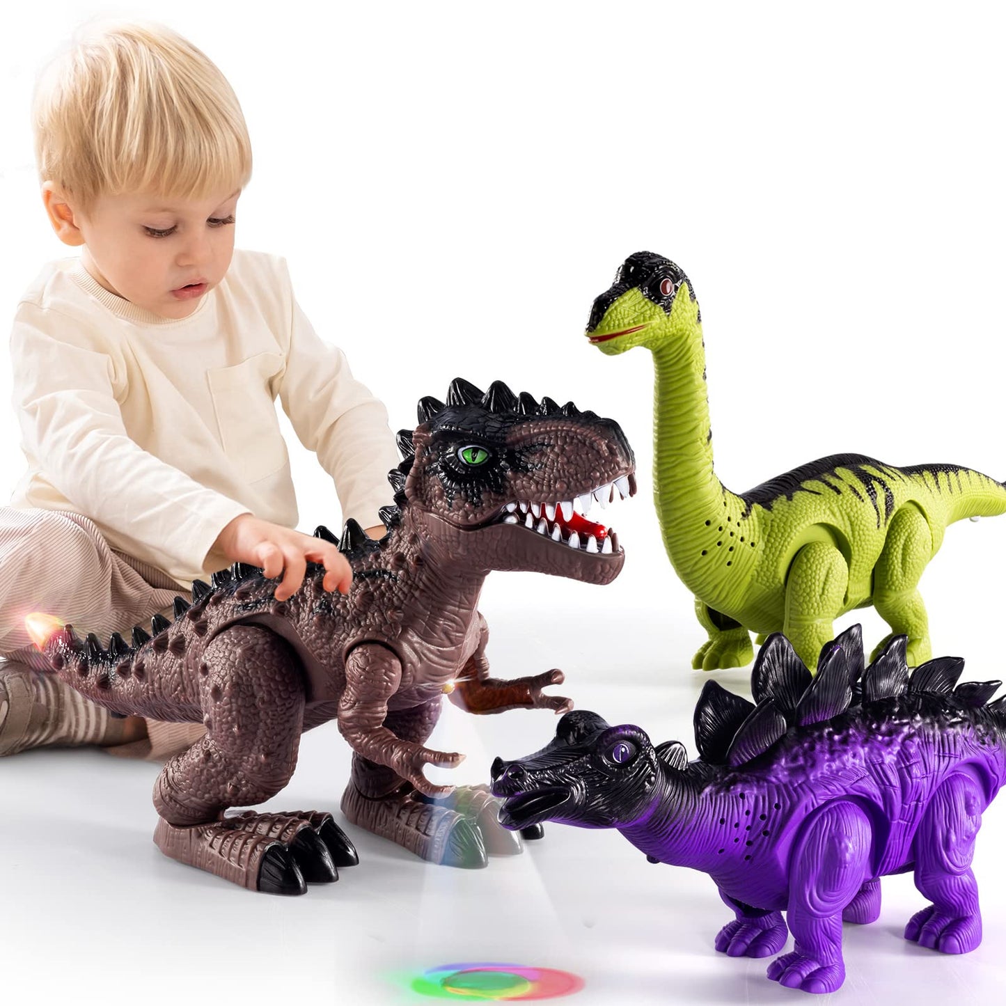 Temi 3 Pack Electric Walking Dinosaur Toys For Toddlers 2-4 3-5 Years With Roar Sounds And Lights Up, Realistic Robot T-Rex, Brachiosaurus, Stegosaurus Dinosaur Figures For Kids
