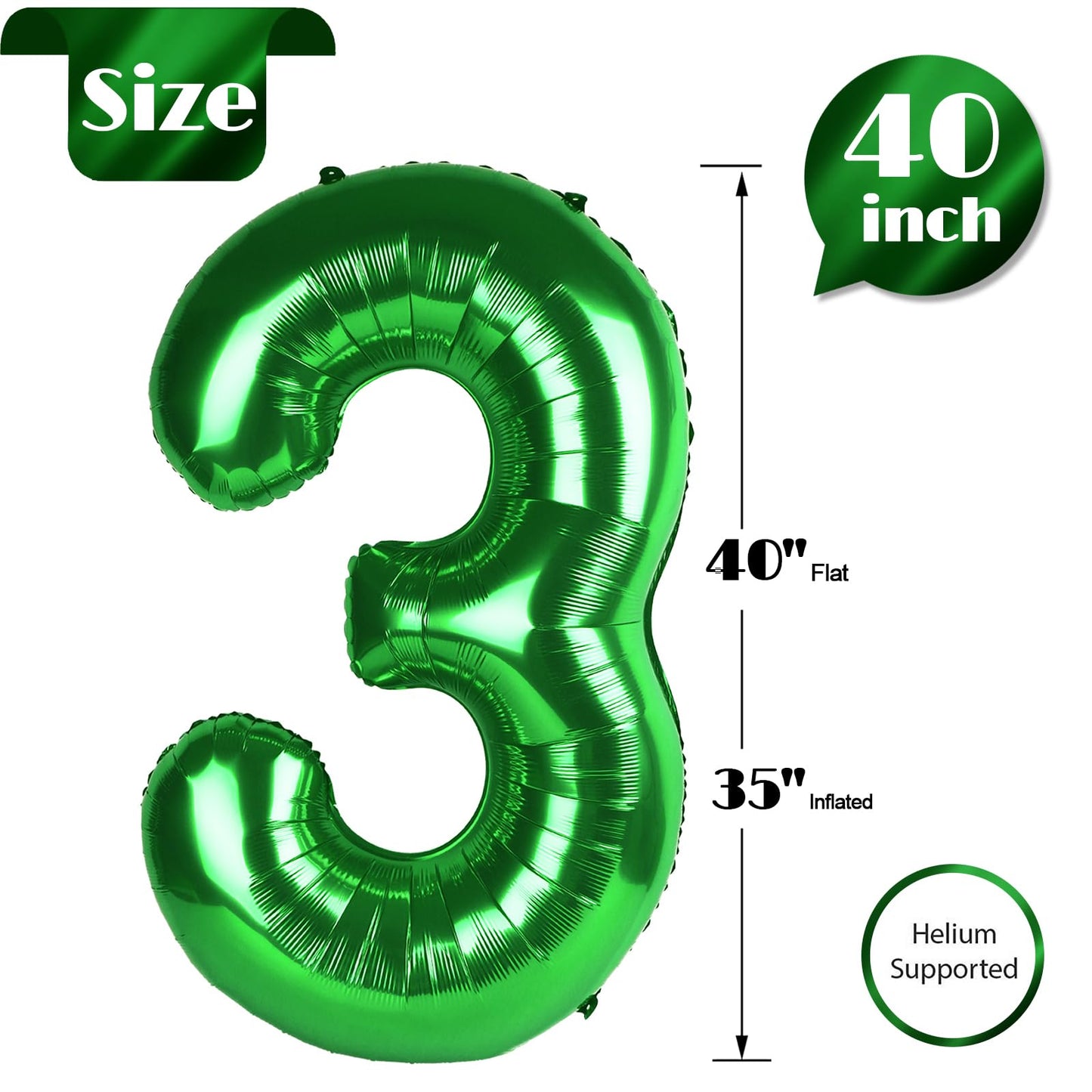 Green Number 3 Balloon 40 Inch, 3 Balloon Number, 3Rd Birthday Decorations, Green Party Supplies For Boys Girls
