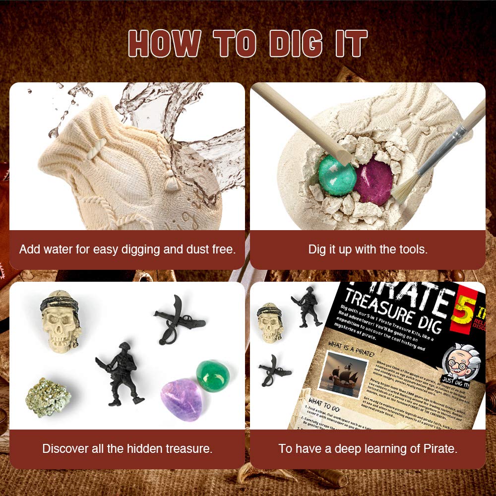 Xxtoys Pirate Treasures Dig Kit Break Into 5 Bricks Treasure Excavation Kits Pirate Toys Gems Dig Kits Interactive Excavating Toys Great Birthday Gift Party Supplies Archeology Educational Stem Kits