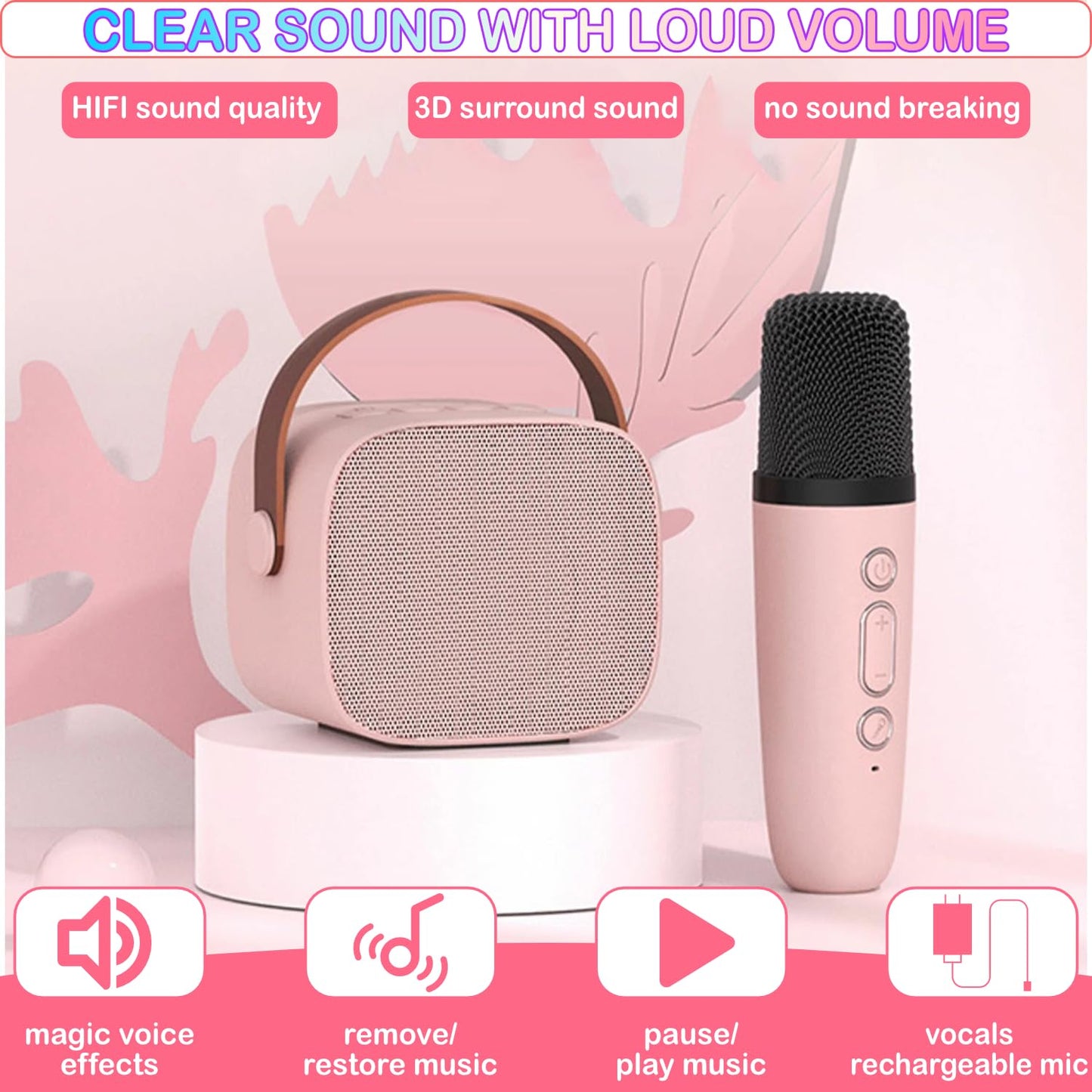 Mini Karaoke Machine For Kids Age 4-12, Bluetooth Speaker With 2 Wireless Microphone & Led Lights, Christmas Birthday Gifts For