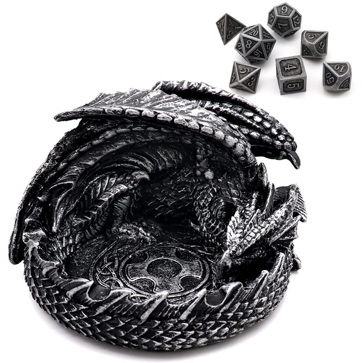 Haxtec Dragon Dice Jail with DND Metal Dice Set Antique Iron Guardian Dragon Dice Tray Holder Dungeons and Dragons Accessories G