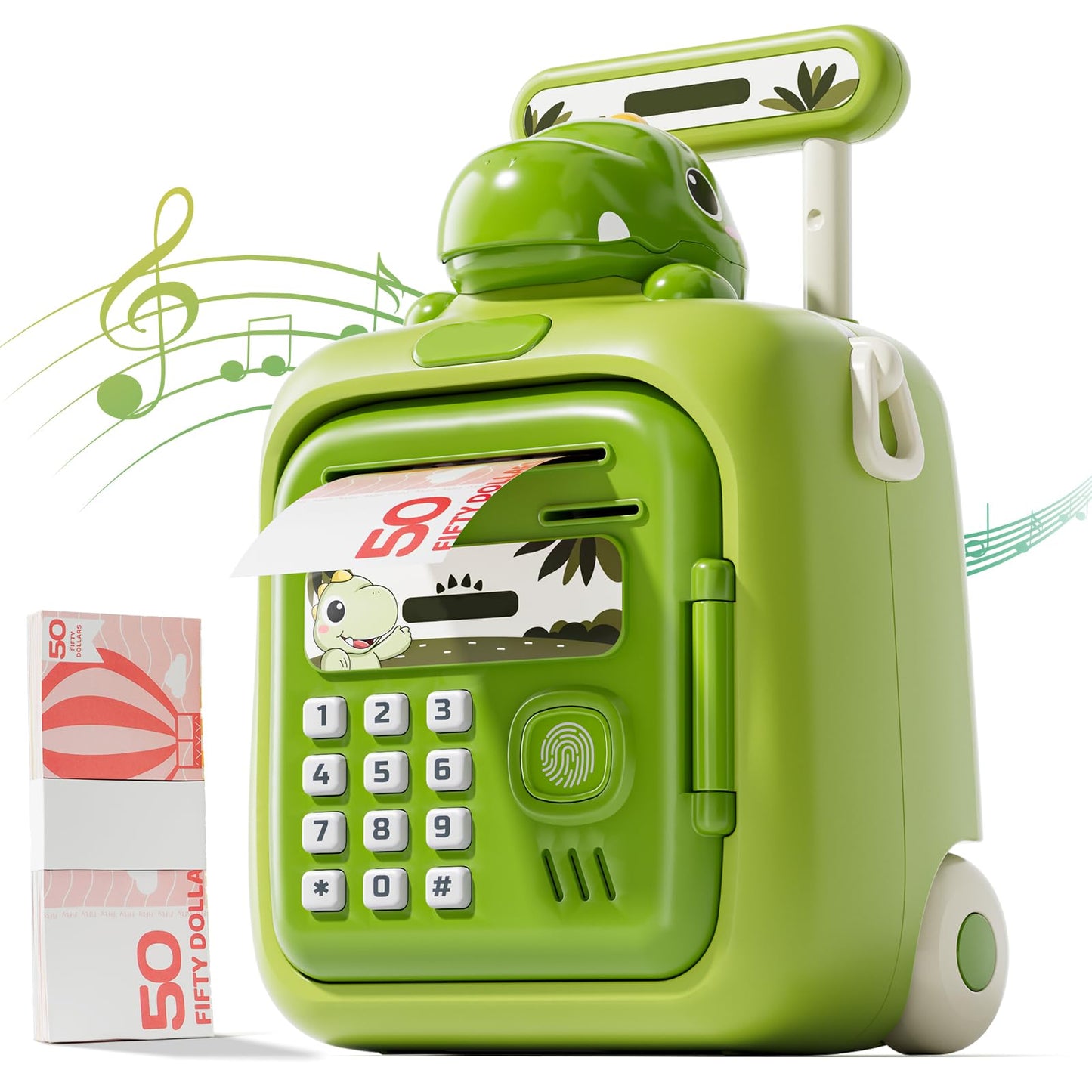 Dinosaur Piggy Bank for Kids with Password & Fingerprint Unlock - Automatic Money ATM Bank with Voice Prompts, Music, Teaching M