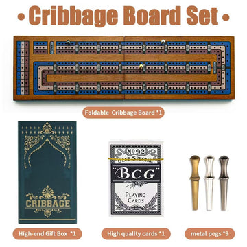 Wooden Cribbage Board Game Set, Travel Cribbage Board With Storage And Collapsible, With Magnetic Lock / 9 Metal Pegs/Full Deck