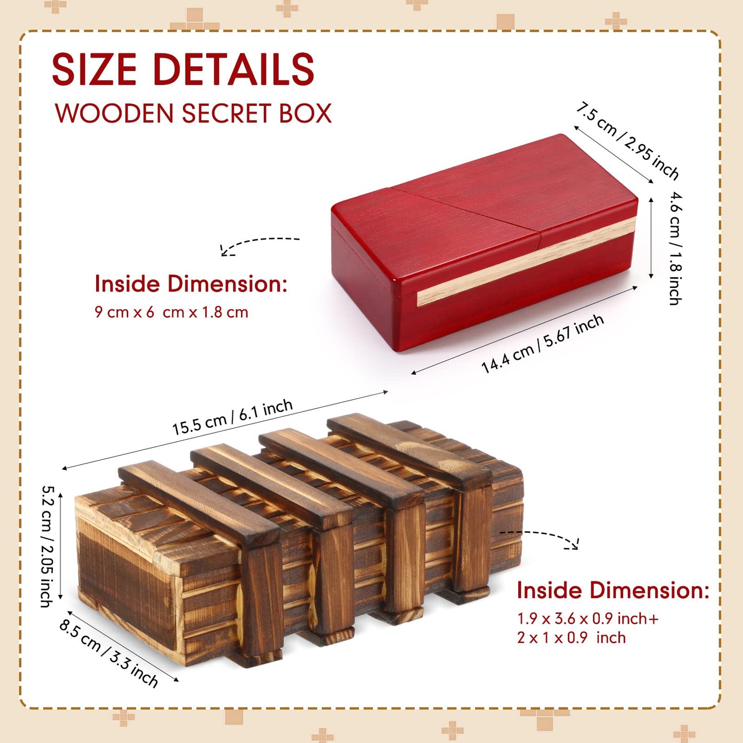 Hydren 2 Pcs Puzzle Boxes Christmas Wooden Secret Box With Secret Compartment 3D Brainteaser Box Secret Lock Box Wood Brain Teas