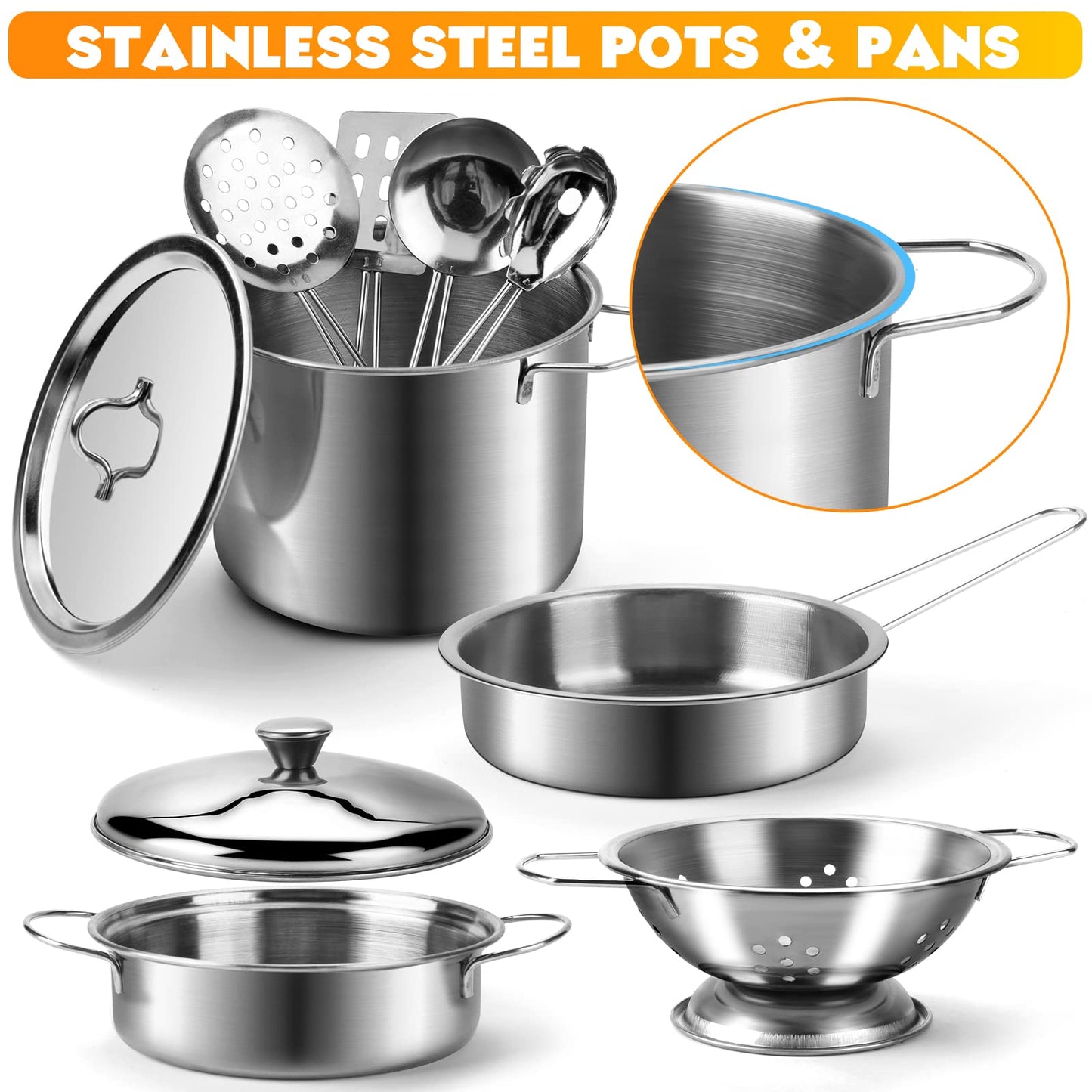 Tigerhu 26PCS Play Kitchen Accessories, Kitchen Pretend Play Cooking Toys w/ Stainless Steel Cookware, Apron & Chef Hat,Pots and