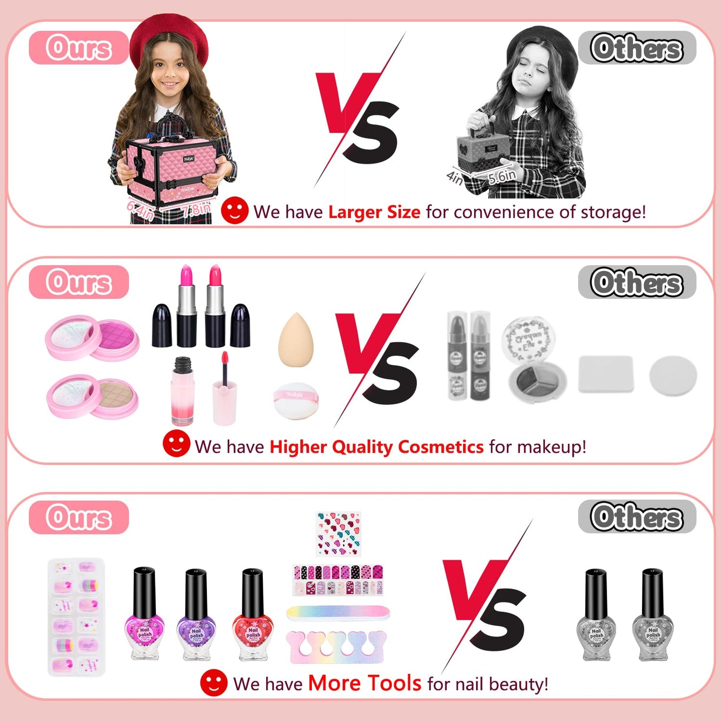 Hollyhi 59Pcs Kids Makeup Kit for Girl, Washable Play Makeup Toys Set for Dress Up, Beauty Vanity Set with Cosmetic Case Birthda