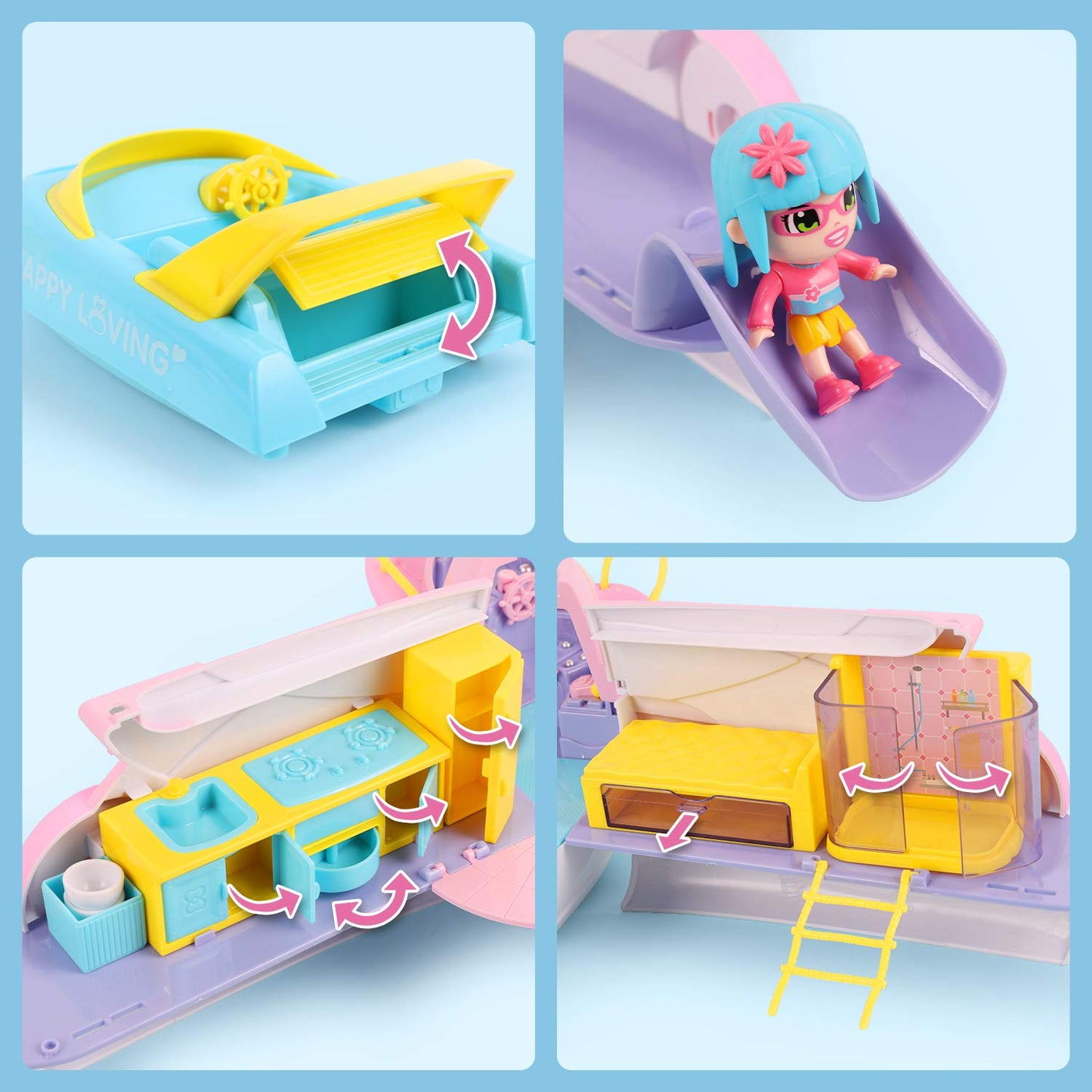 iPlay, iLearn Boat Dollhouse Playset for Girls 3-5, Kids Pretend Play Doll House Set W/ Cruise Ship, Dolls, Camping Accessories,