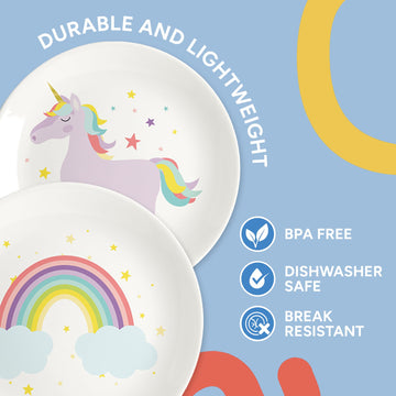 Tiny Expressions Unicorn Plates - 10 Set of 4 Reusable Melamine Party Plates with Rainbows, Stars & Whimsical Unicorns - Ideal f