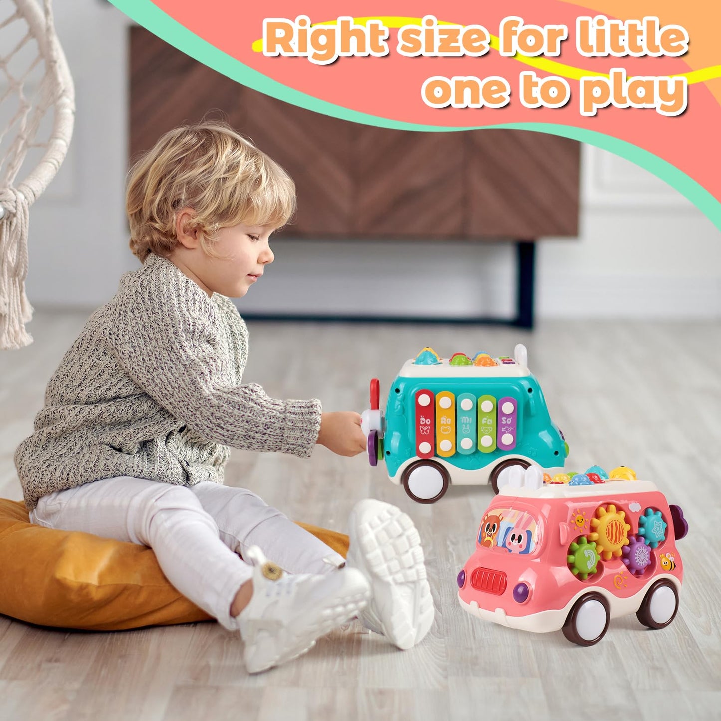 Krseub Baby Bus Montessori Musical Toy For 1~3 Years Toddlers With Sound & Light, With Xylophone/Hammering/Fishing Game & Windmi