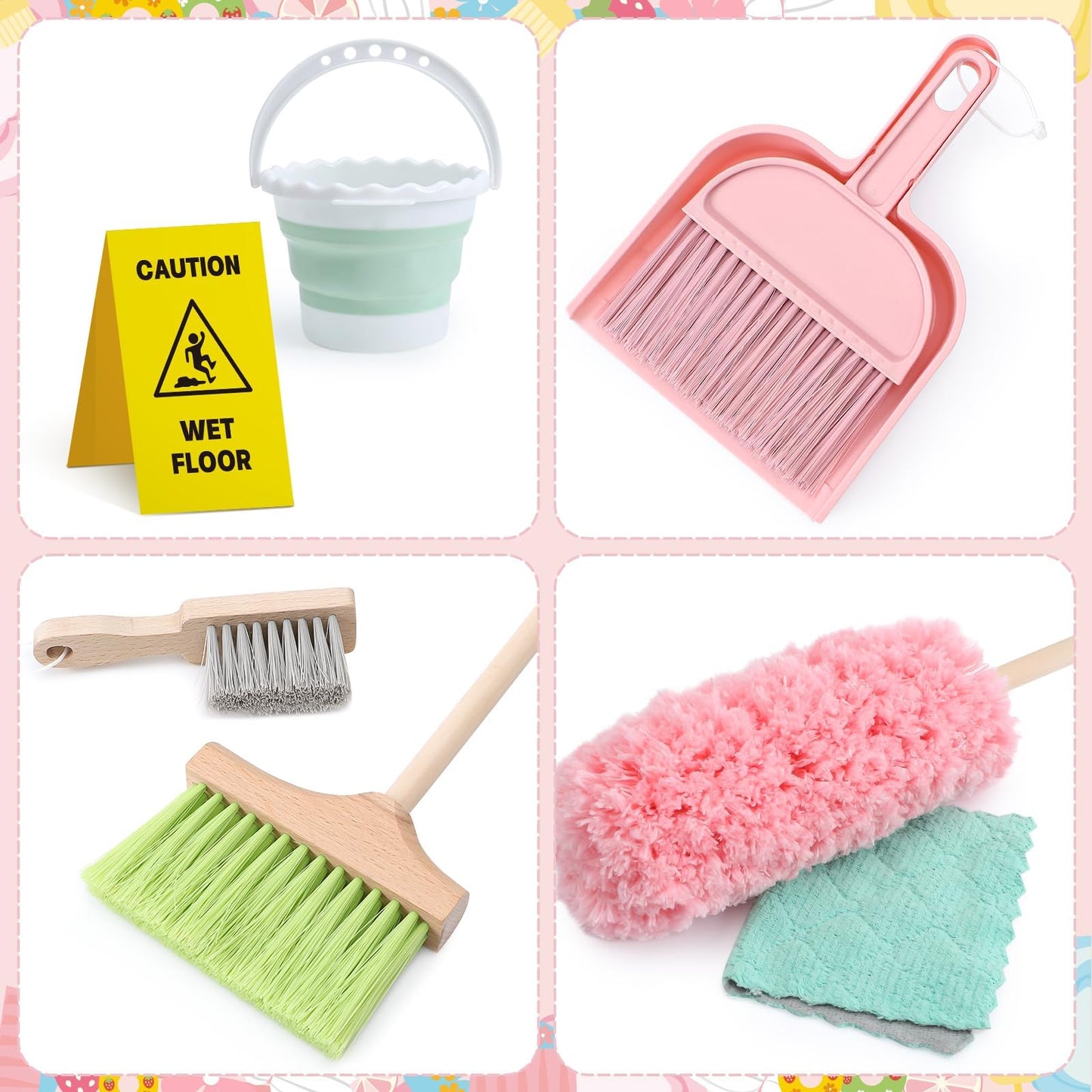 Lonico Wooden Kids Cleaning Toy Set For Toddlers Mop Broom And Dustpan Set, 12 Pcs Detachable Housekeeping Playset With Bucket D