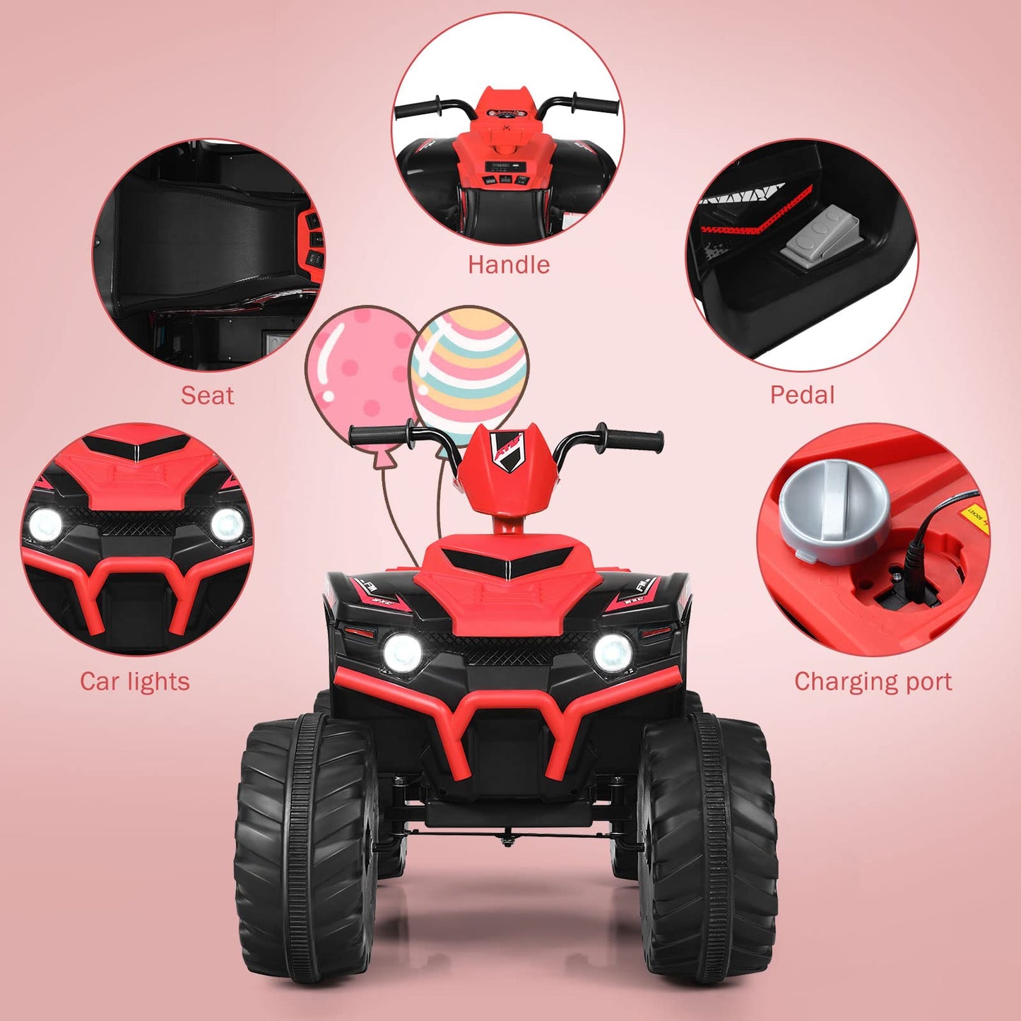 Olakids 12V Kids Ride On Atv, 4 Wheeler Electric Vehicle For Toddlers, Battery Powered Motorized Quad Toy Car For Boys Girls With Led Lights, Music, Horn, High Low Speed, Soft Start (Red)