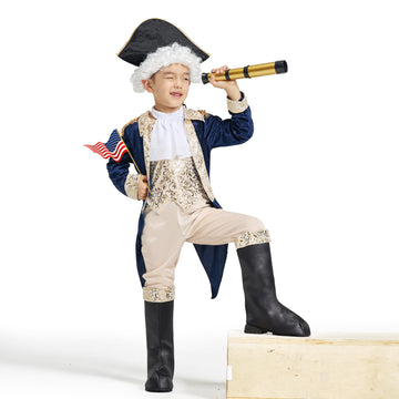 IKALI Kids George Washington Costume With Wig and Hat Accessories, Boys Children Hamilton American Colonial Day Outfit Uniform 1