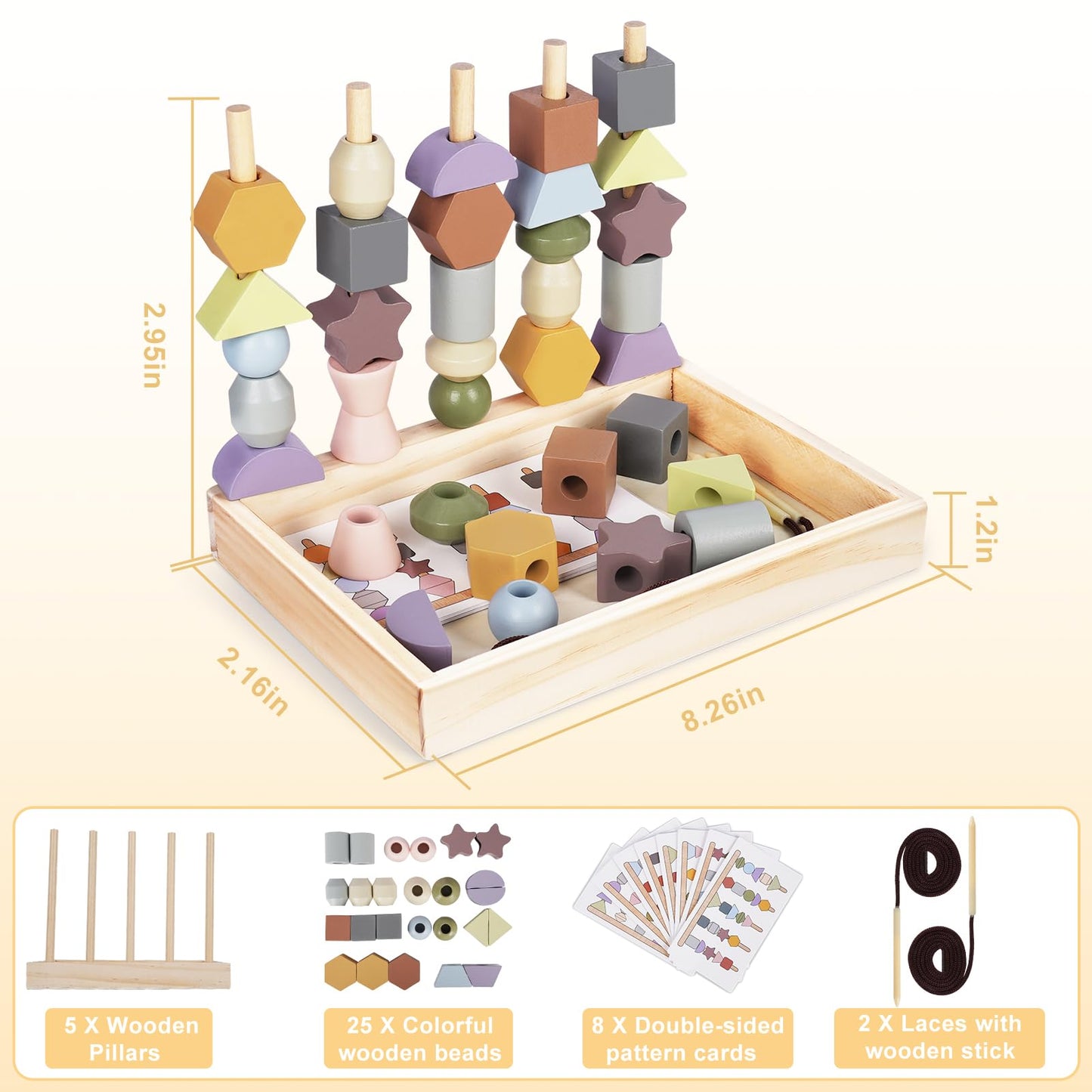 Montessori Toys For 3 Year Old - Wooden Lacing Beads & Stacking Blocks Toys For 3 4 5 Year Old Girl Boy Easter Birthday Gifts, Preschool Learning Activities With Beads Sequencing Set For Toddler 2-4