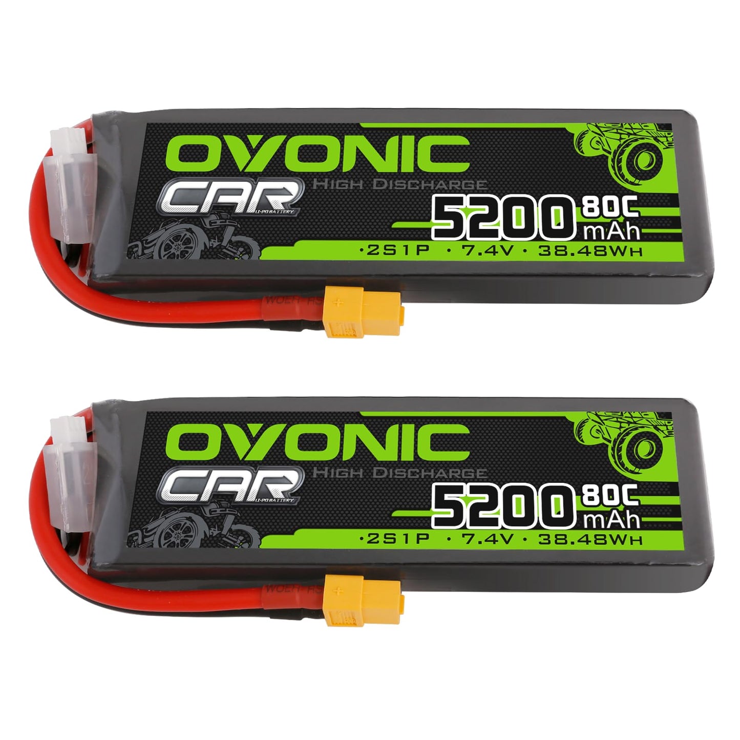 OVONIC Lipo Battery 2S 5200mAh Battery 7.4V 80C Battery with XT60 Plug Soft Case for 1/8 1/10 RC Vehicles Car Slash RC Buggy Tru