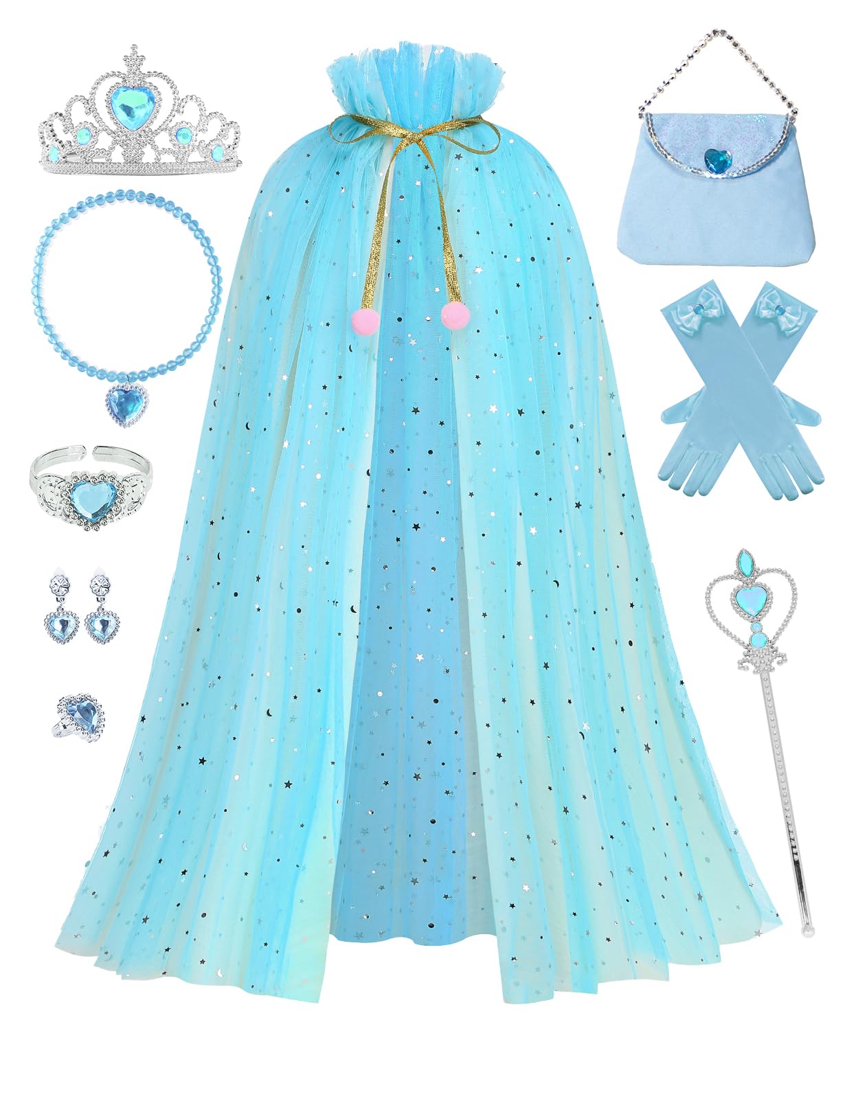 Sabbenia Princess Elsa Cape Set For Little Girl Dress Up,11Pcs Princess Cape Cosplay Christmas Halloween Birthday Gift 3-8Y(Blue