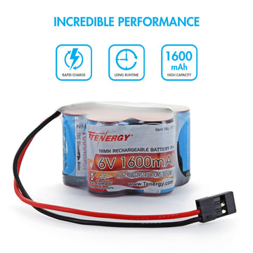 Tenergy 2 Pack 6V 1600mAh Rechargeable Side by Side Hump Battery Pack, NiMH Receiver Battery Pack with Hitec Connector for RC Tr