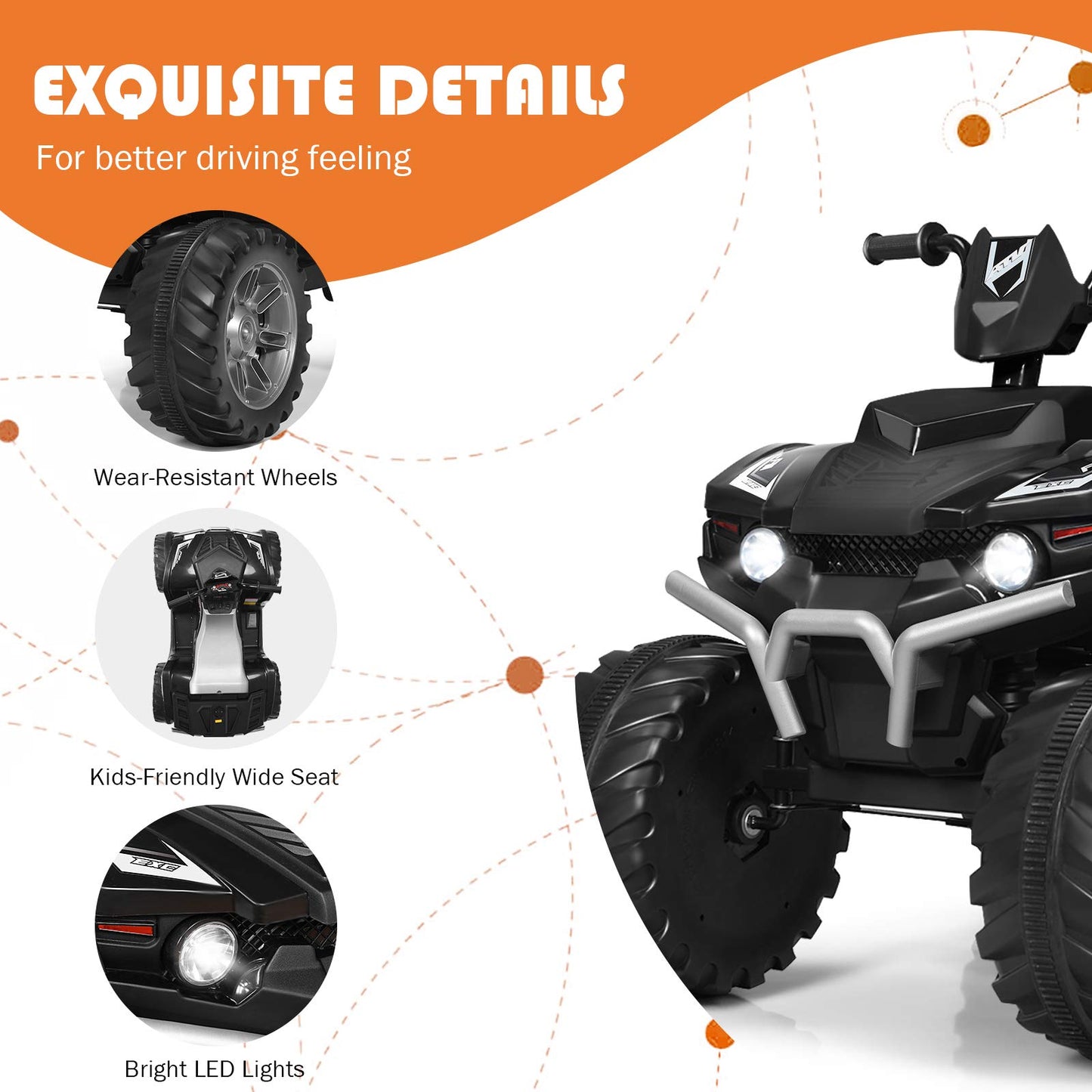 Costzon Kids Atv, 12V Battery Powered Electric Vehicle W/Led Lights, High & Low Speed, Horn, Music, Usb, Treaded Tires, Ride On