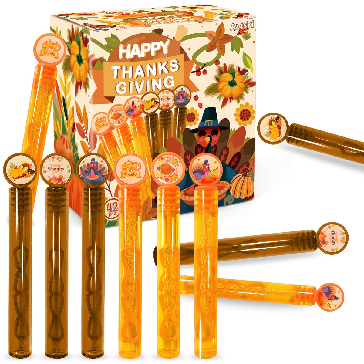 42Pcs Thanksgiving Bubble Wands, Mini Bubble Wands For Fall Party Favors, Autumn Gift Toys For Girls Boys Kids Toddler Adults, Party Bag Stuffers Goodie Bag Filler, Friendsgiving Classroom Prizes