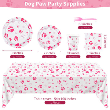 Durony 121 Pieces Pink Paw Print Party Supplies Dog Birthday Tablecloth, Plates, Napkins, Forks And Paper Cups Decorations For P
