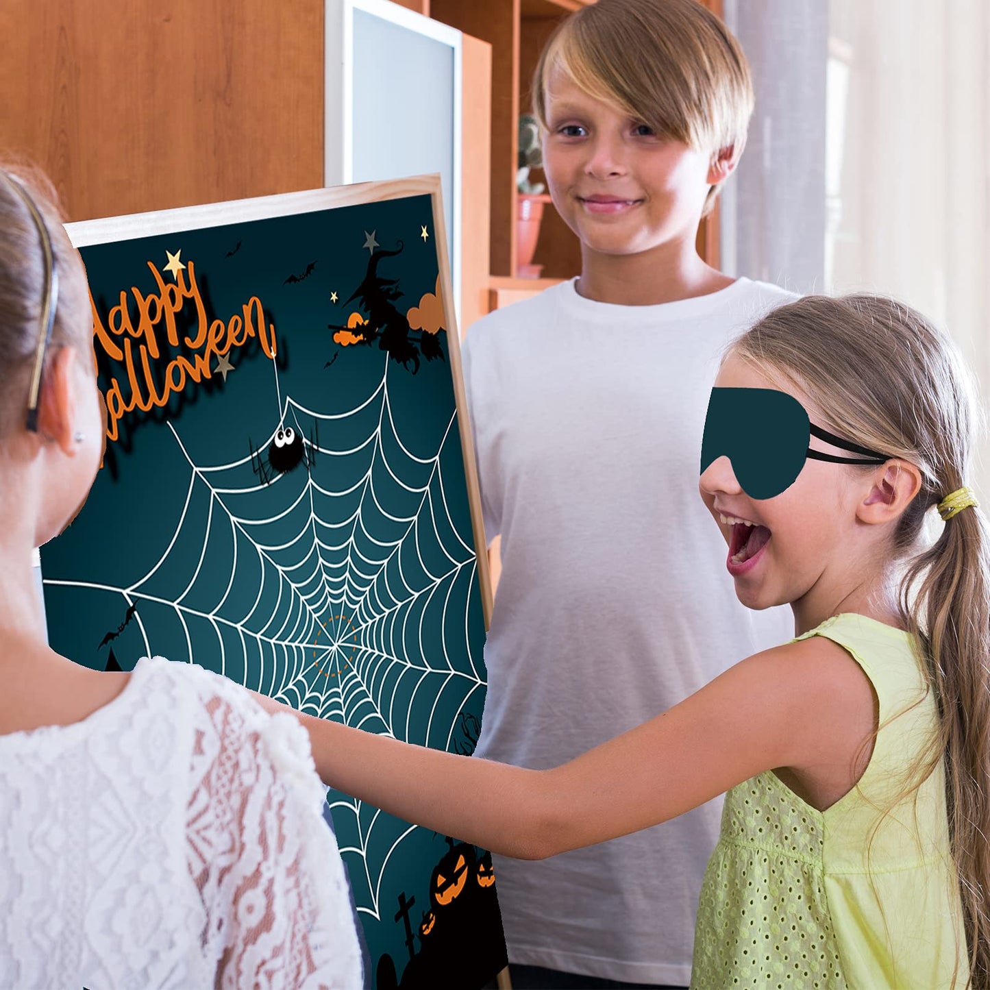 Boramdo Pin The Spider On The Web Halloween Party Game For Kids Web Poster With 24 Pieces Spider Stickers And A Blindfold For Ha