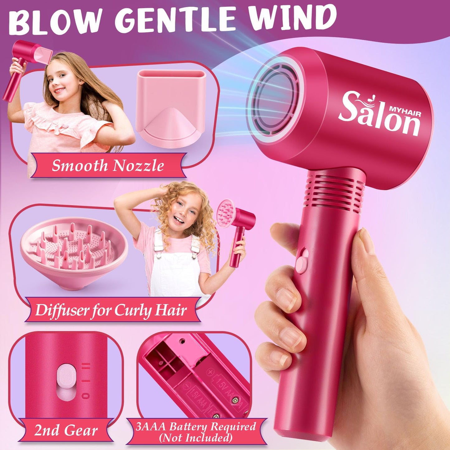 G.C Girls Hair Salon Toys Kids Pretend Play Hair Styling Kit With Realistic Blow Dryer Straightener Stylist Apron Scissors Acces