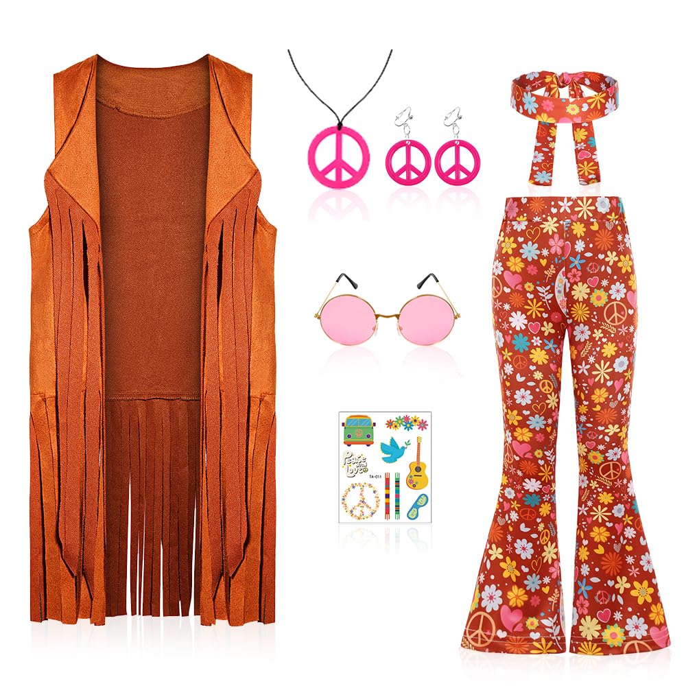 Cuteshower Girl Hippie Costume 70s 60s Hippie Outfits for Girls Halloween Cosplay Party (Brown, 6-8 Years)