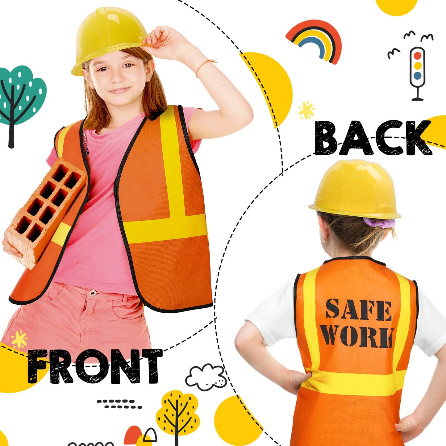 Geyoga 16 Pcs Construction Vest For Kids Party Favors Hard Hat Construction Dressing Up Supplies Construction Funny Worker Costume For Birthday Party, Including 8 Vests And 8 Construction Hats