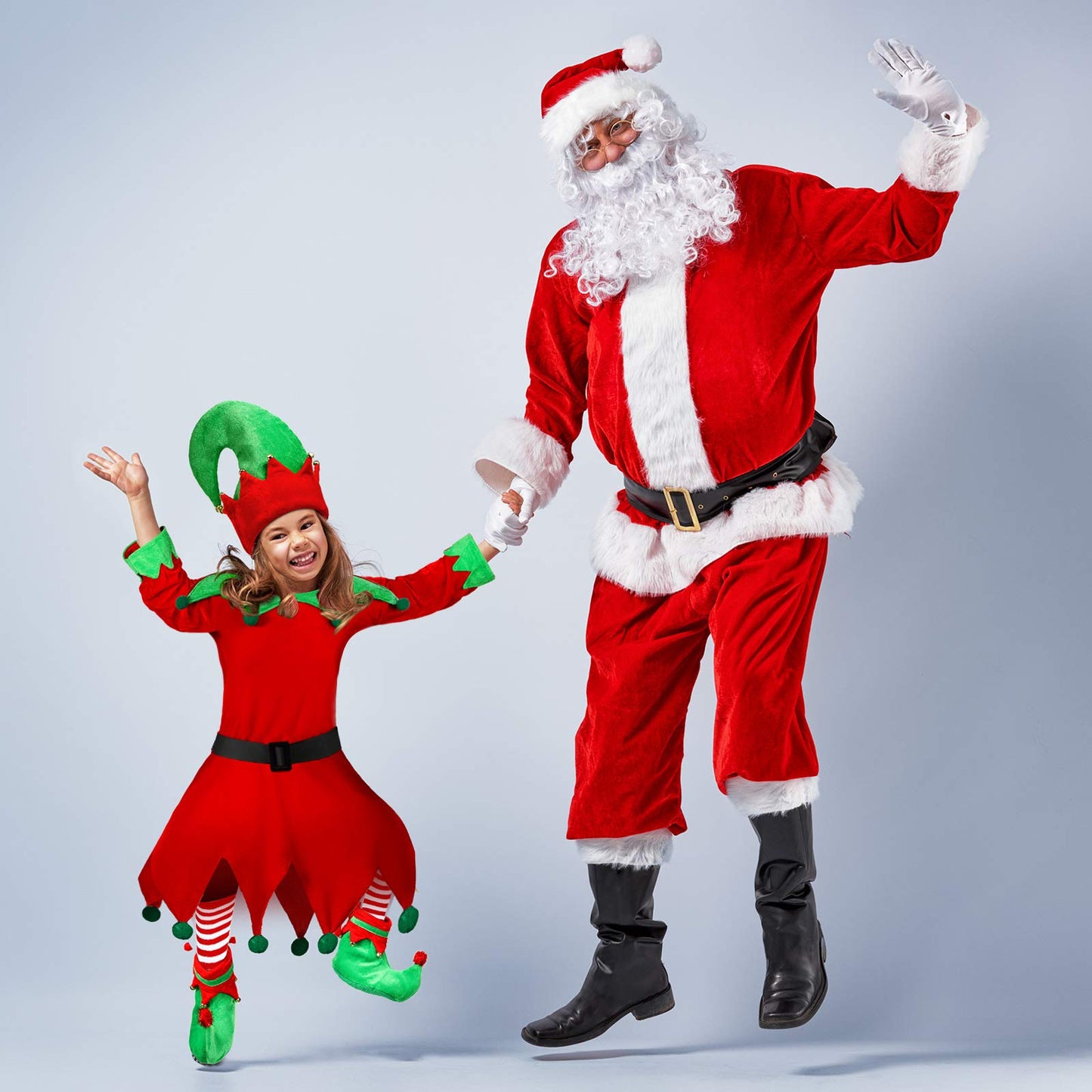 Syhood 5 Pcs Christmas Elf Costume Kids Girls Velvet Elf Costume Santa'S Helper Outfit With Hat Shoes Belt Striped Stockings(Fit 12-15 Years Old,Bright Color)