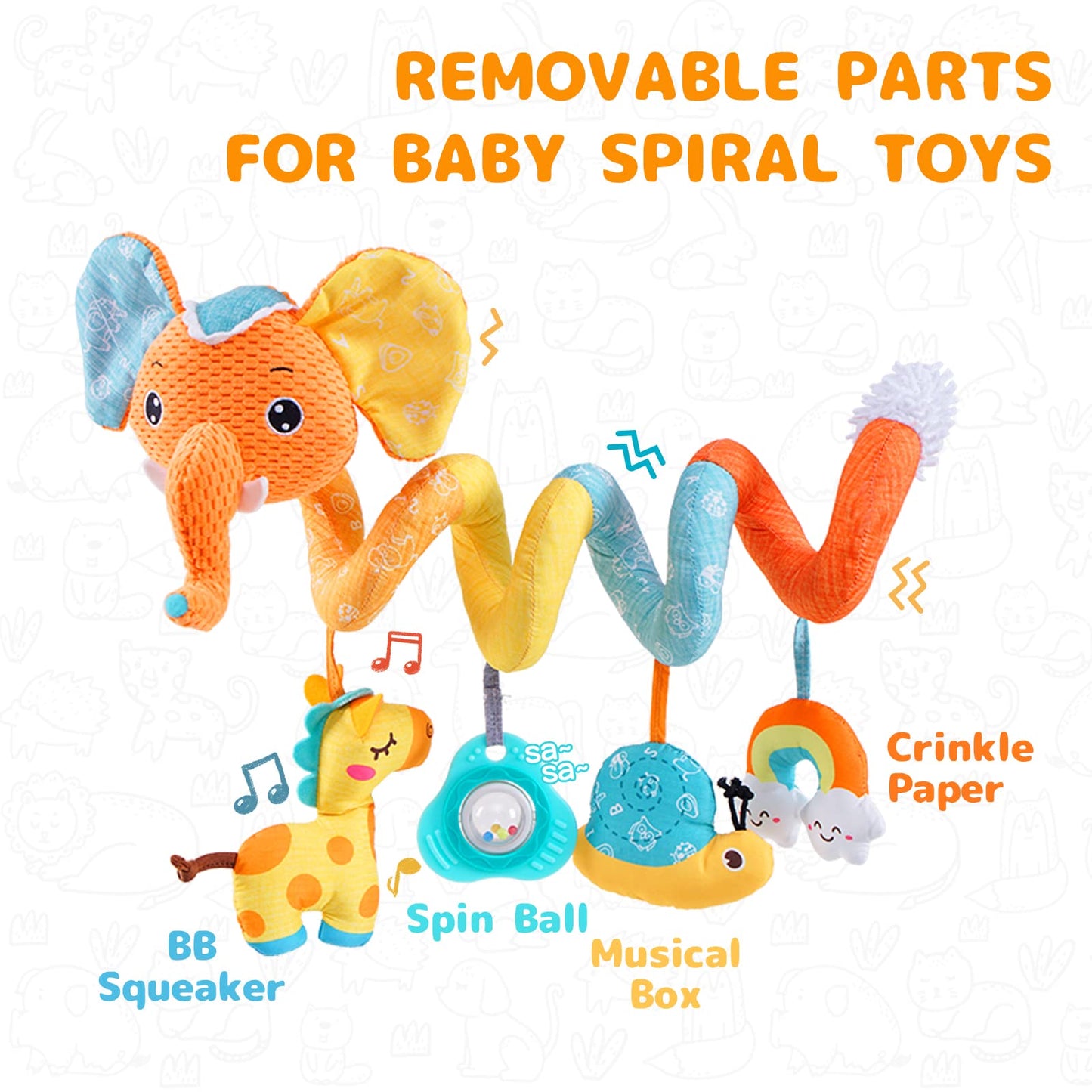 Koty Car Seat Toys, Spiral Car Seat Toy For Infant, Baby Stroller Toys Hanging Crib Activity Toy For Car Seat Crib Bed Stroller, Rabbit Hanging Rattle Toys For Babies 0-6 Months (Orange Elephant)