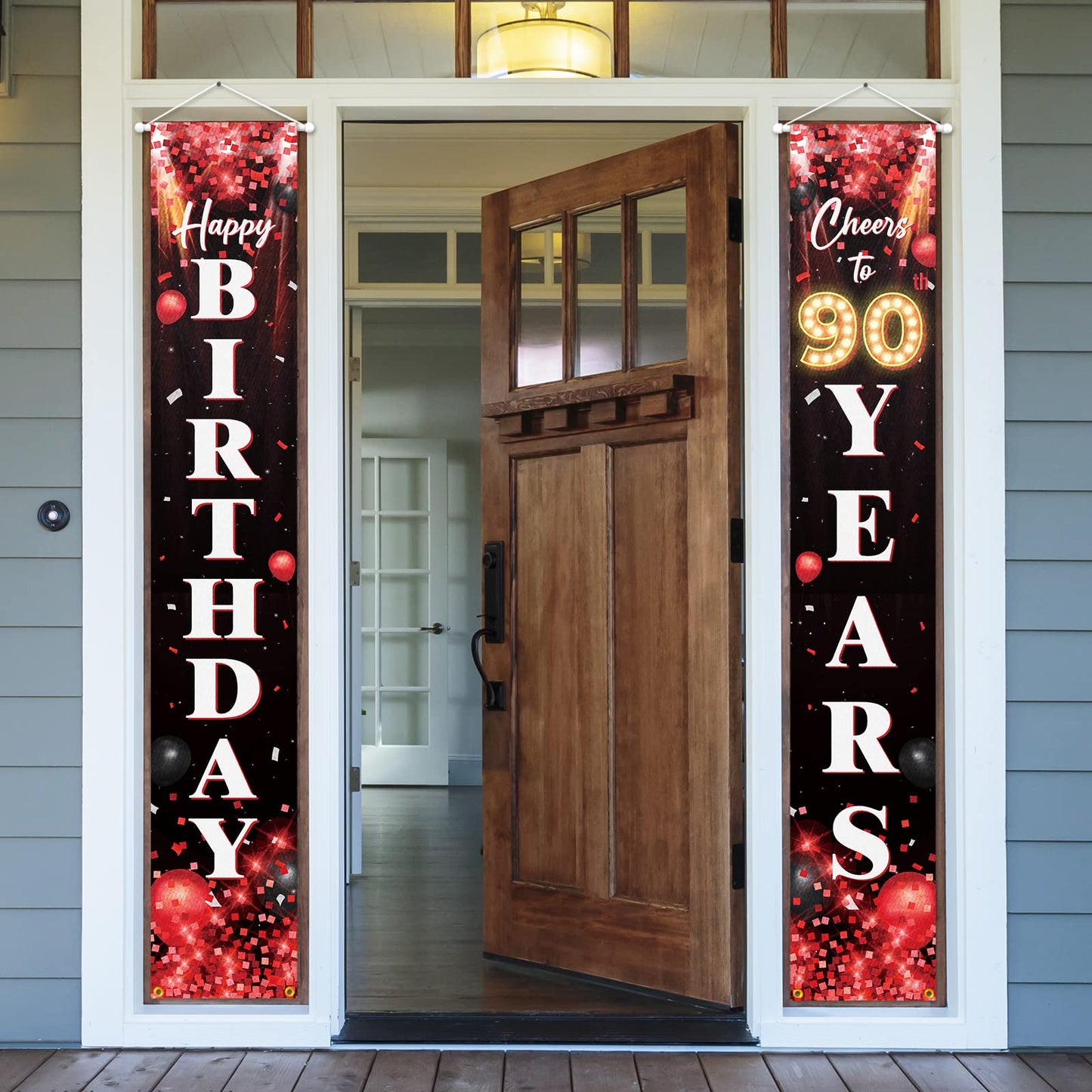 Happy 90Th Birthday Porch Sign Door Banner Decor Red And Black - Glitter Cheers To 90 Years Old Birthday Party Theme Decorations