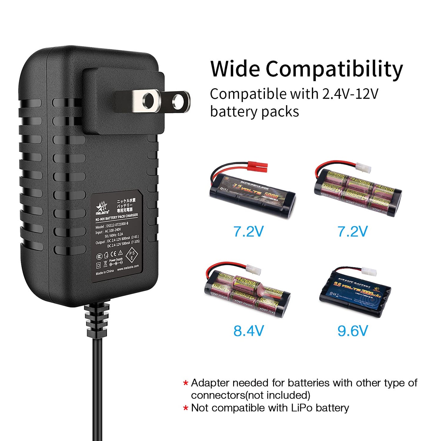 Melasta 7.2V 9.6V 8.4V RC Car Battery Charger Compatible with Redcat Racing Hexfly NiMH Battery and Standard Tamiya Battery, 2.4