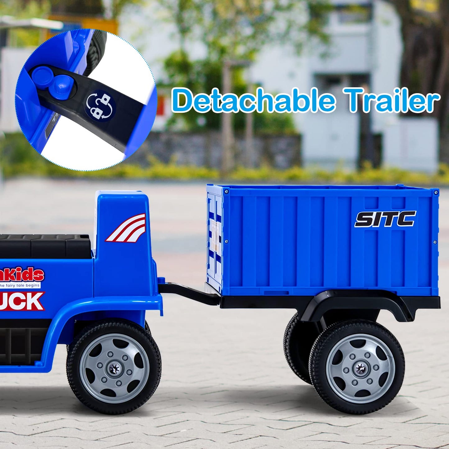 Olakids Kids Ride On Push Car, 2 In 1 Foot-To-Floor Sliding Truck With Detachable Trailer, Steering Wheel, Headlights, Music, Alarm Sound, Toy Walker Gift For Toddlers Age 1.5-3 Boys Girls (Blue)