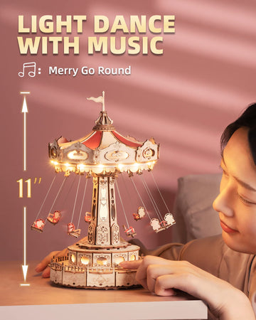 Rokr 3D Puzzles For Adults-Stem Projects For Kids-Led Swing Ride Model Building Kit-Music Box Diy Kit-Gift For Kids And Adults