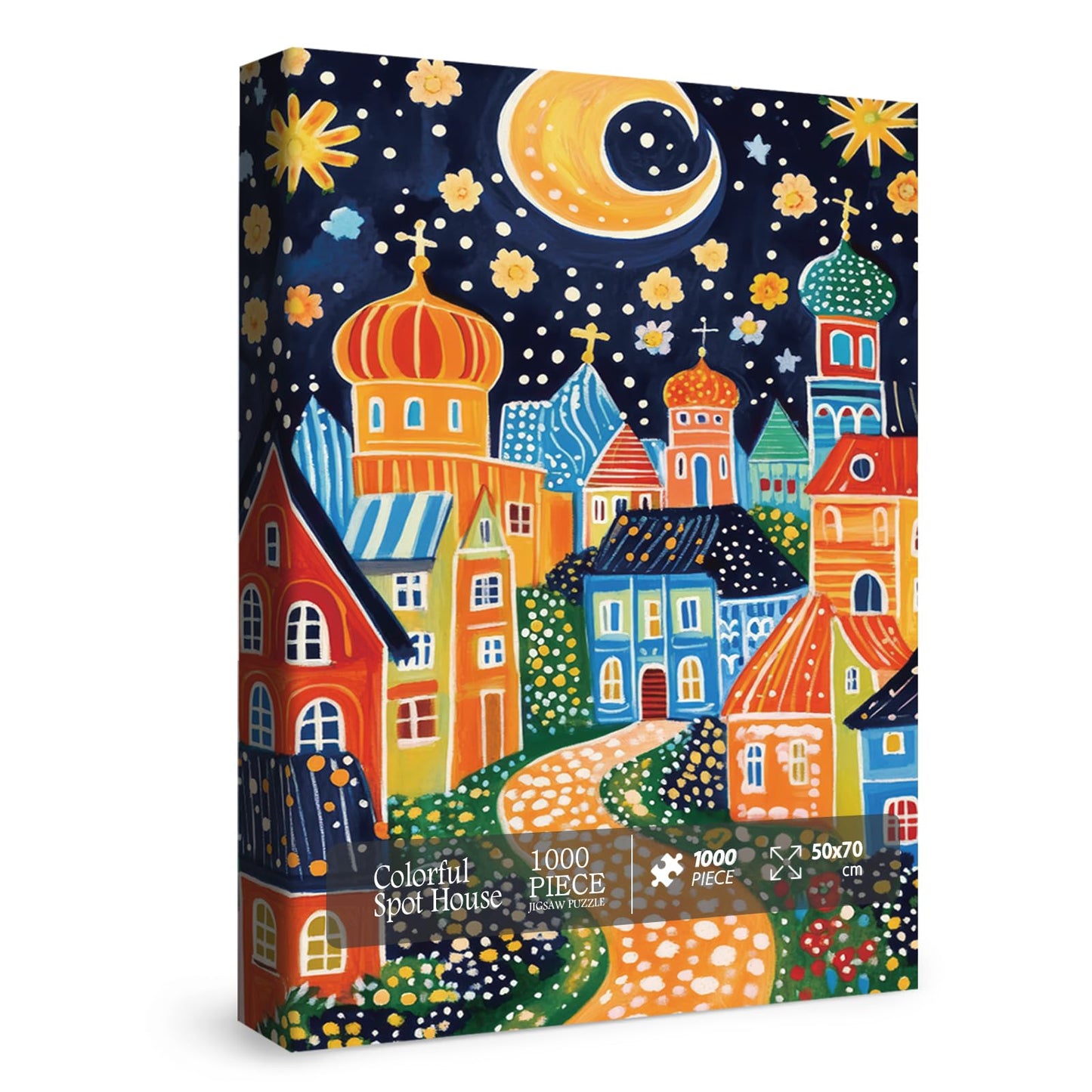 Colorful House Puzzles for Adults 1000 Pieces, Art Pretty City Jigsaw Puzzles, Beautiful Fantasy Moon Puzzles