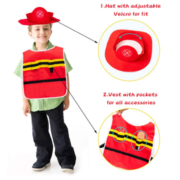 Umu Firefighter Costume For Kids, 14 Pcs Pretend Toy Wooden Fireman Role Play Firefighter Accessories With Fire Extinguisher And