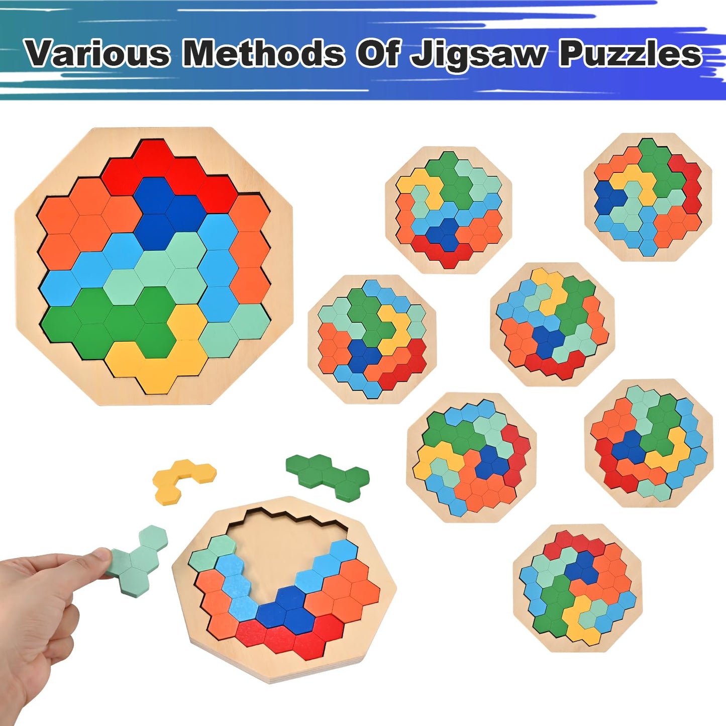 Wooderma 3 Pack Wooden Blocks Puzzles, 3-In-1 Russian Blocks, Octagon Puzzle, Tangrams Puzzles, Brain Teasers Toy Logic Game, Mo