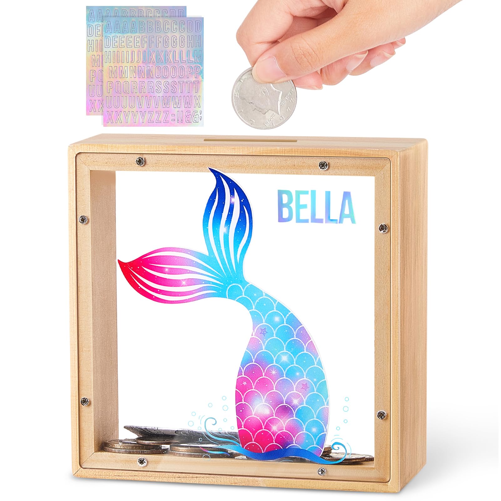 Piggy Bank for Kids, Wooden Money Coin Bank for Boys and Girls, Dinosaur Unicorn Piggy Banks with DIY Stickers for Birthday, Eas