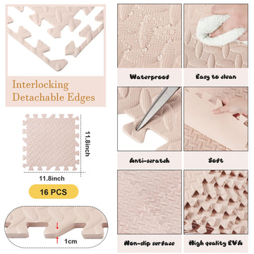Shihanee Foam Floor Mats - Interlocking Foam Tiles for Kids Playroom, 16ft, Beige