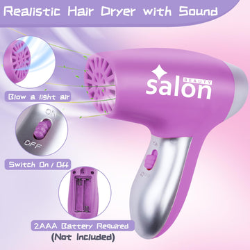 Gifts2U Hair Salon Toys For Girls, 26 Pcs Realistic Girl Beauty Salon Playset Hair Styling Set With Blow Dryer, Barber Costume A