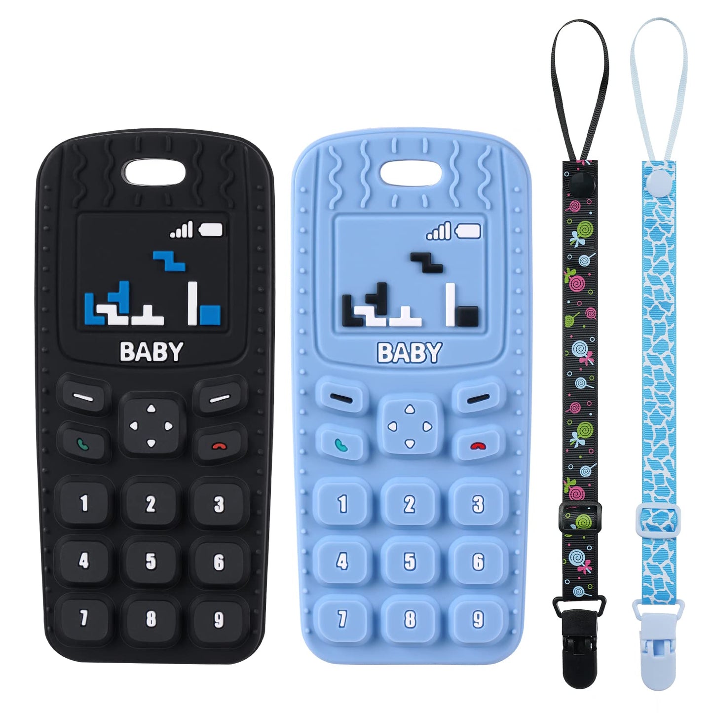 Aolso Baby Teether Toys, 2Pcs Silicone Baby Teething Toys Phone Shape With 2Pcs Pacifier Clip, Soft Teething Toys For Toddlers,B