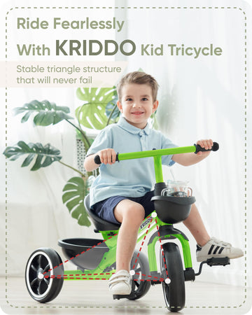 KRIDDO Tricycle for Kids Age 2-4, Large Green Toddler Trike, Carbon Steel, Model TC003-Green