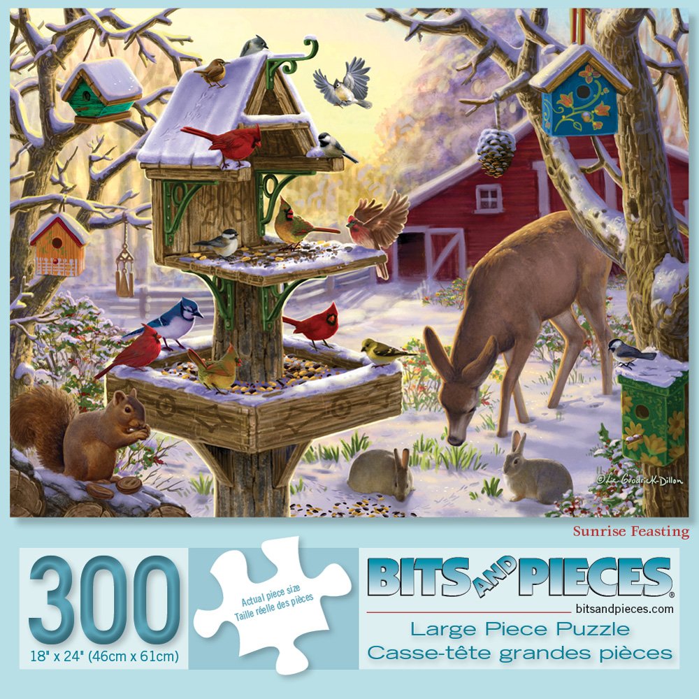 Bits And Pieces – Value Set Of Two 300 Piece Jigsaw Puzzles For Adults – Building A Snowman On A Snow Day, Sunrise Feasting - Winter Snow Jigsaw Puzzles By Artist Liz Goodrick - Dillon