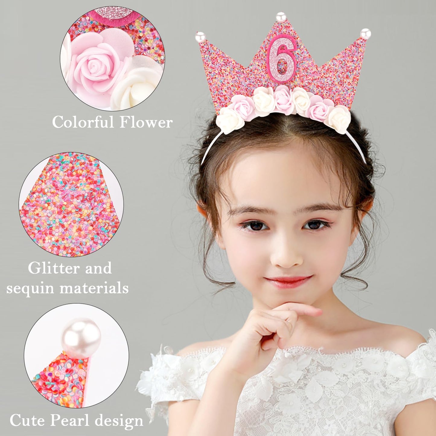 SuPoo Birthday Decorations for Girls - 6th Birthday Headband Crown, Glitter Hair Band, Flower Princess Tiara Hair Accessory for