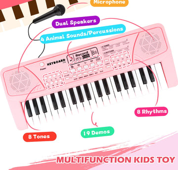 M SANMERSEN Kids Piano Keyboard - 37 Keys Portable Electronic Toy for Ages 3-6, Small Size, Pink, Includes Microphone, Plastic Material