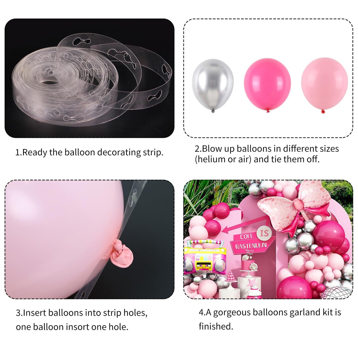 Pink Balloon Garland Arch Kit, Hot Pink Silver Balloon Arch With Disco And Bow Foil Balloon For Theme Party Girl Birthday Party Baby Shower Princess Decorations