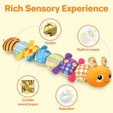Kmuysl Baby Toys 0-6 6-12 Months, Sensory Music Animal Stuffed Toy For 0 1 2 3 4 5 6+ Months, Plush Toy With Crinkle And Rattles For Infant Newborn, Tummy Time Toys Gifts For 0-3-6-12 Month