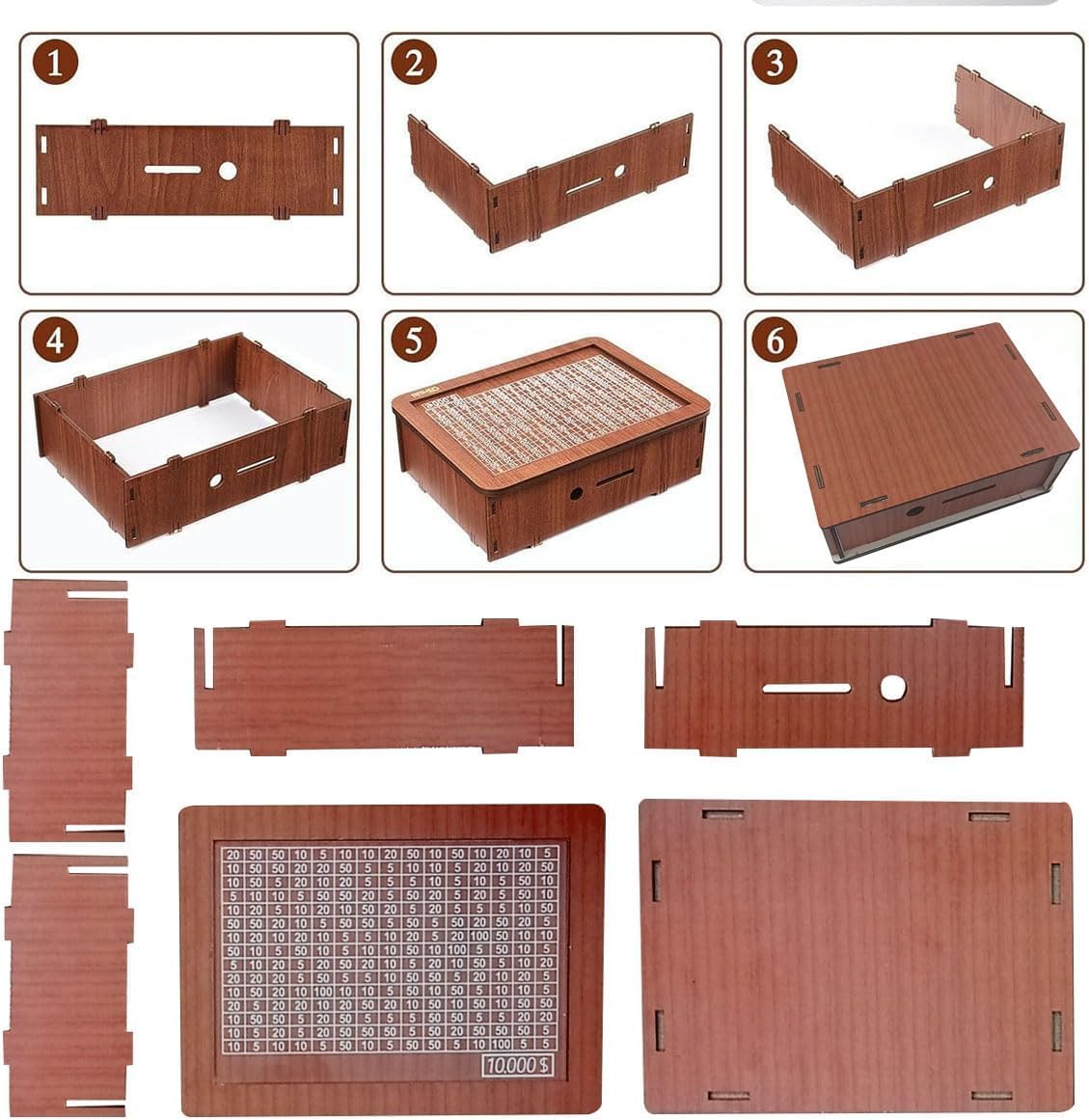 kjsdsss 10000 Savings Challenge Box - Wooden Cash Vault, Brown Coin Counter Piggy Bank for Money Saving Challenges, 2025 Model