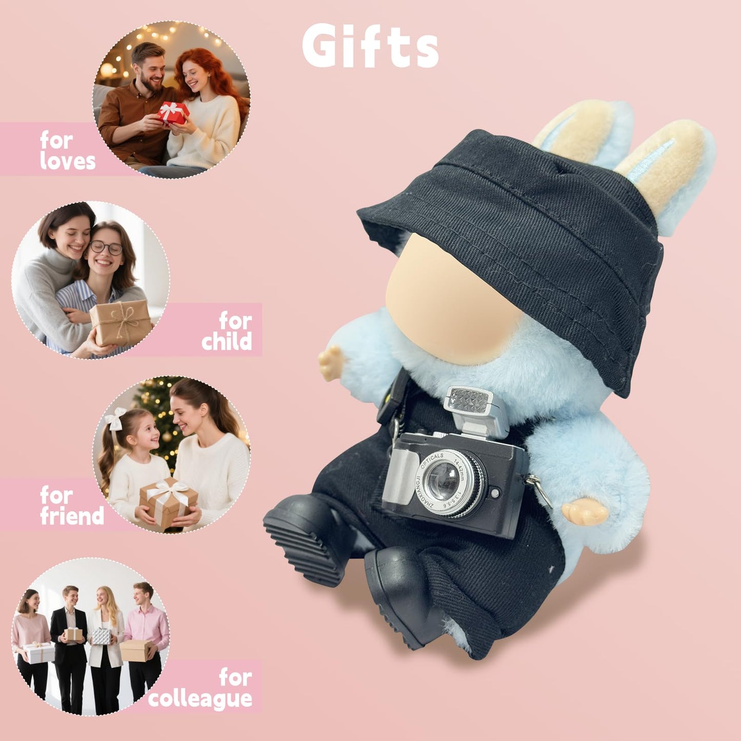 17cm Light Purple Outfit Set (Doll Not Included) - Bucket Hat Overalls Shorts Mini Camera & Shoes Cute Style for 17cm Doll Dress-up (Black SC)