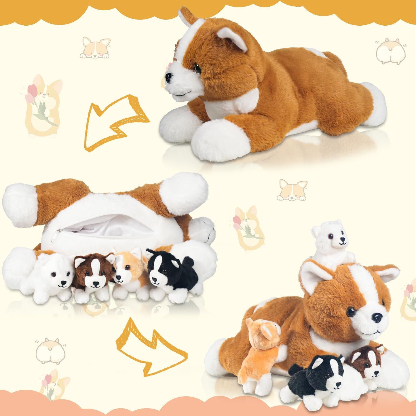 Youthfuljive 5 Pcs Corgi Stuffed Animal With 4 Babies Puppy Inside Big Mommy Dog Stuffed Animals In Zippered Belly, Cute Stuffed