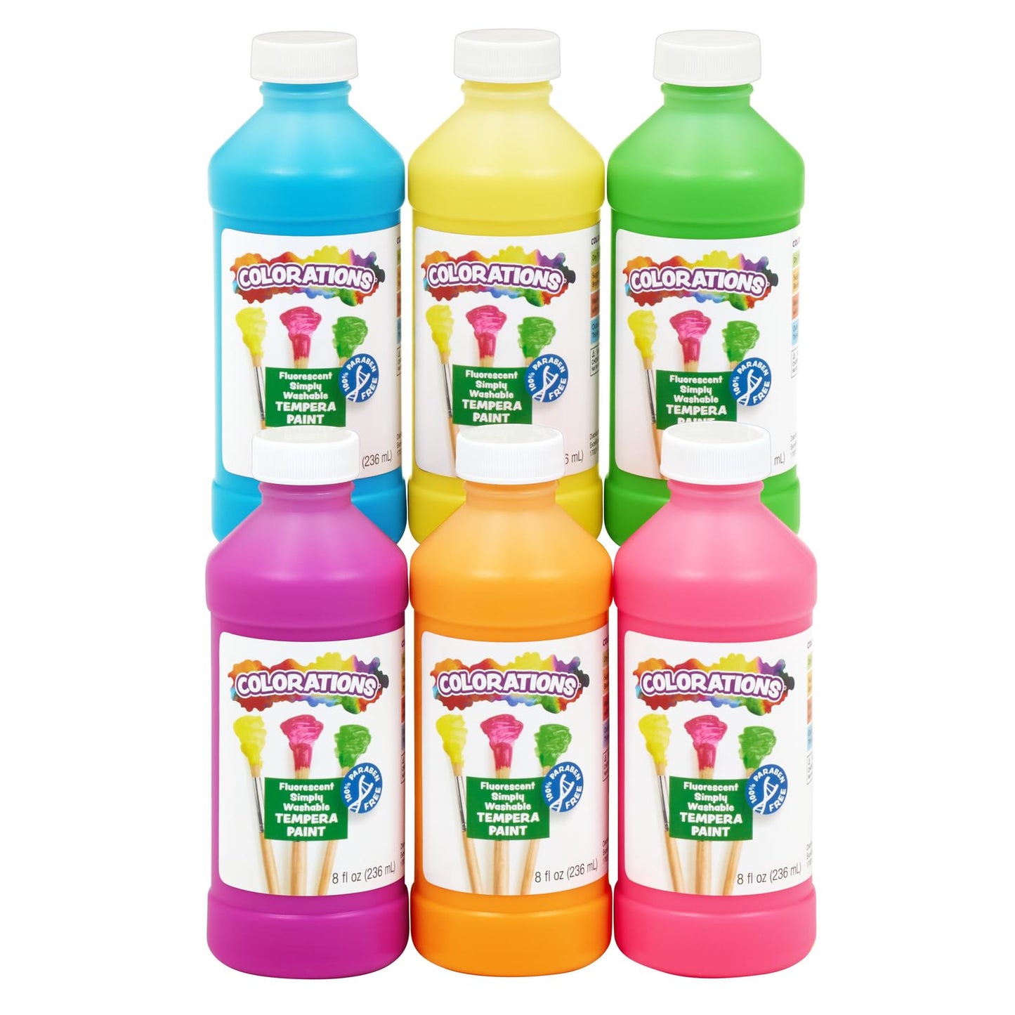 Colorations Paraben-Free Fluorescent Simply Washable Tempera Paint- Set Of 6, 8 Oz. Each